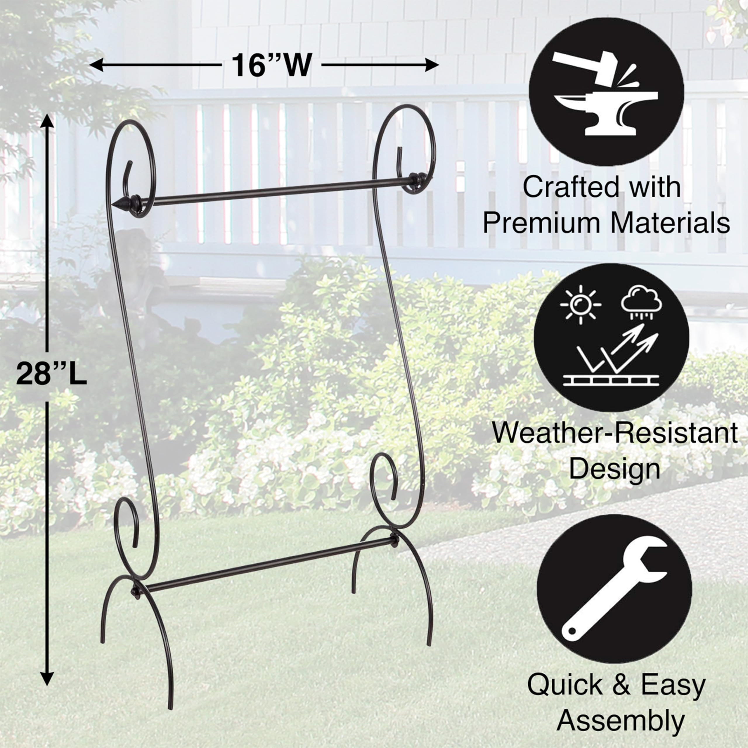 Evergreen Scroll flag stand close-up reveals powder-coated finish for rust resistance.