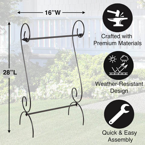 Evergreen Scroll flag stand close-up reveals powder-coated finish for rust resistance.