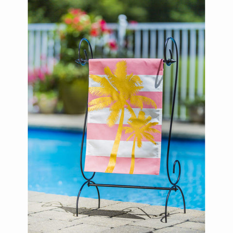 Evergreen Scroll flag stand is built from durable steel for lasting porch use.