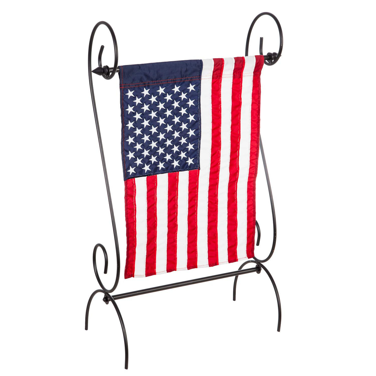 Evergreen Scroll flag stand front view shows sturdy steel for durable outdoor display.