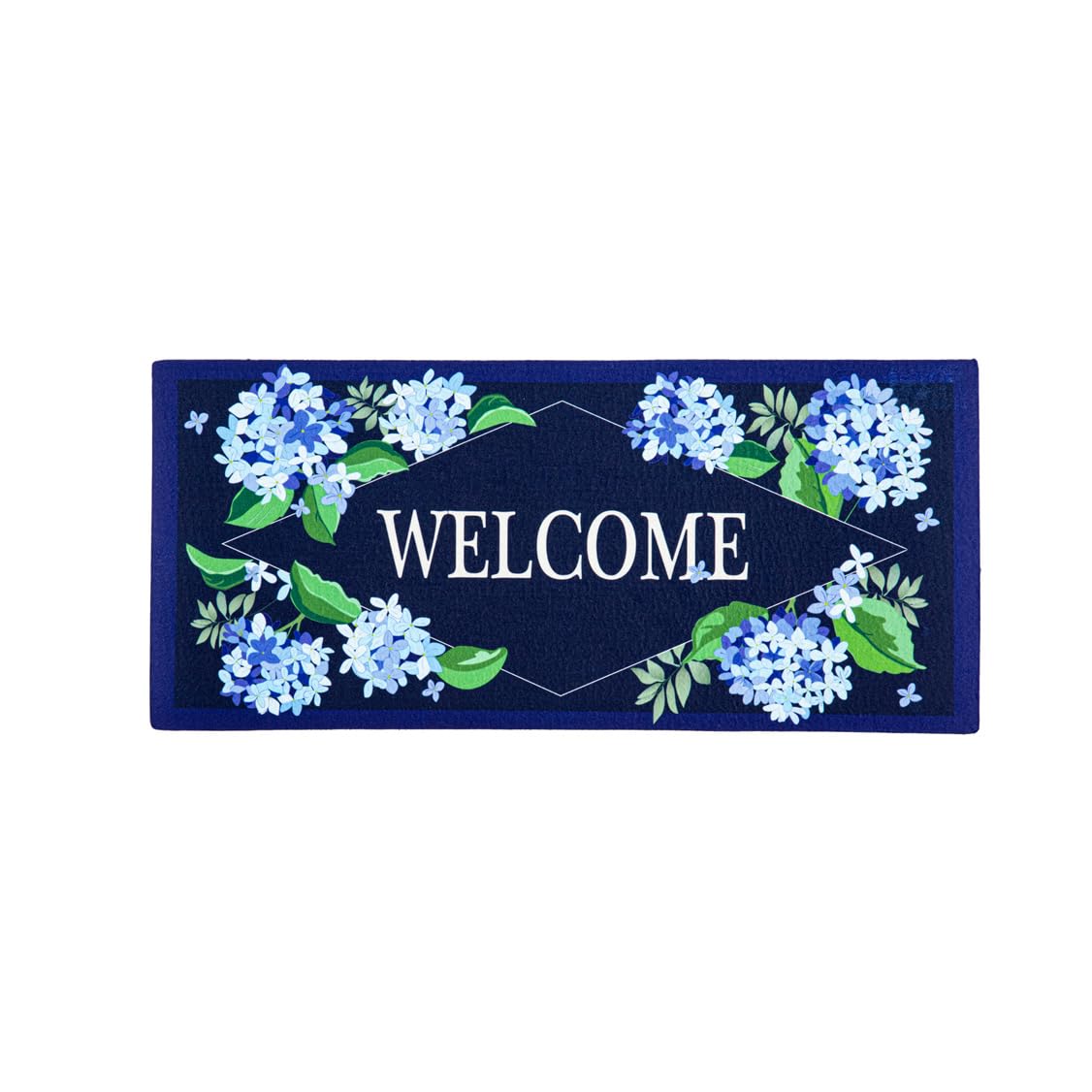 Evergreen Flag Hydrangea Welcome Sassafras mat, front view, durable outdoor-ready design