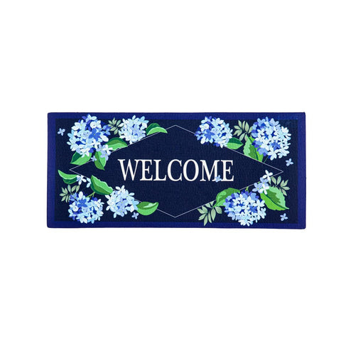 Evergreen Flag Hydrangea Welcome Sassafras mat, front view, durable outdoor-ready design