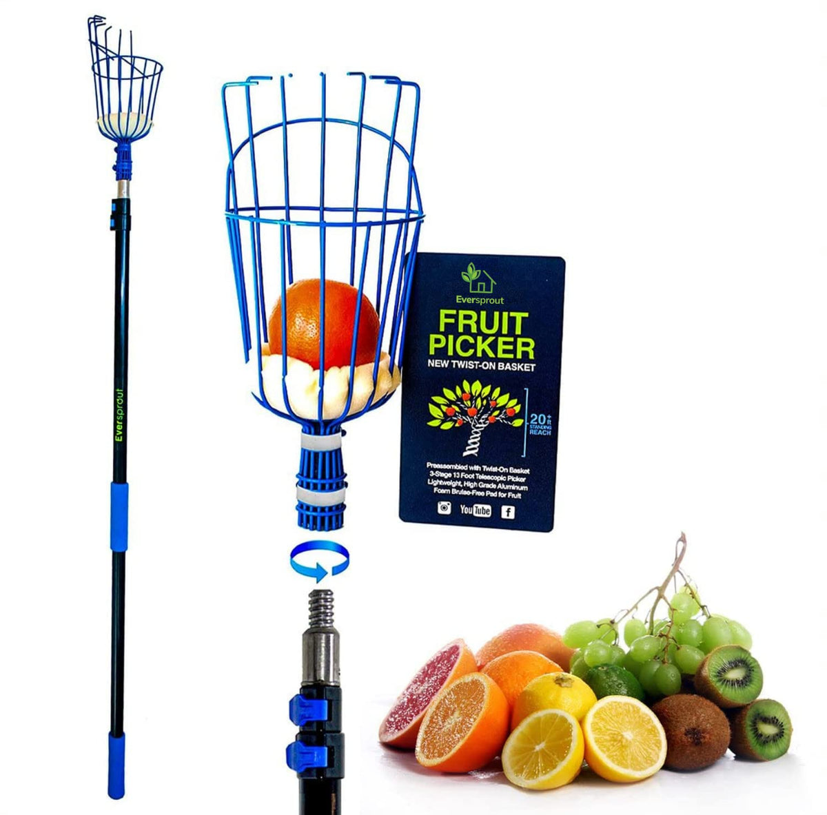 EVERSPROUT fruit-picker-extended-pole reaching high branches for easy harvest.