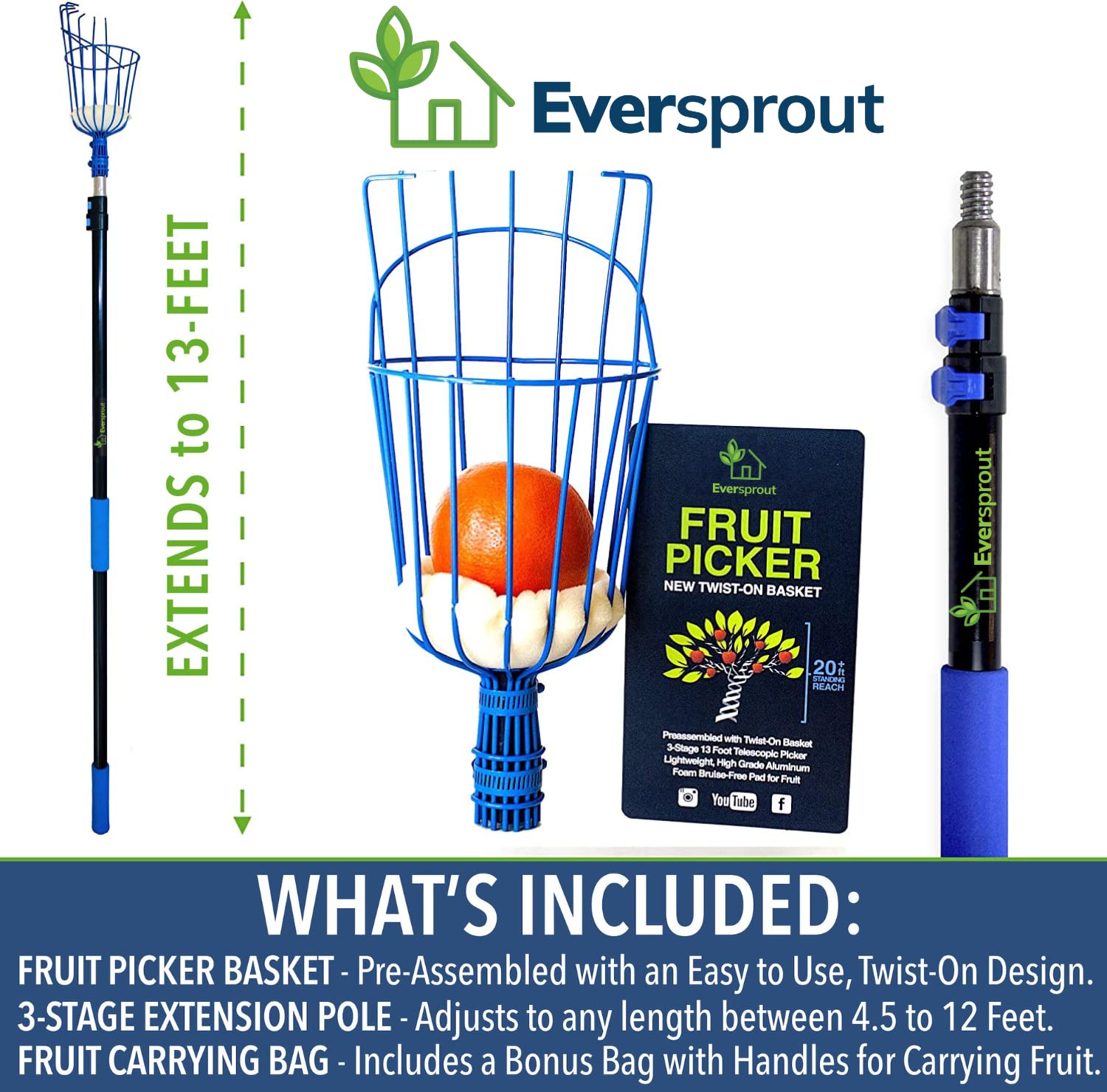 EVERSPROUT twist-on basket secures fruit during harvesting.