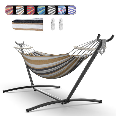 Everyfun double hammock with stand ready for quick yard setup.