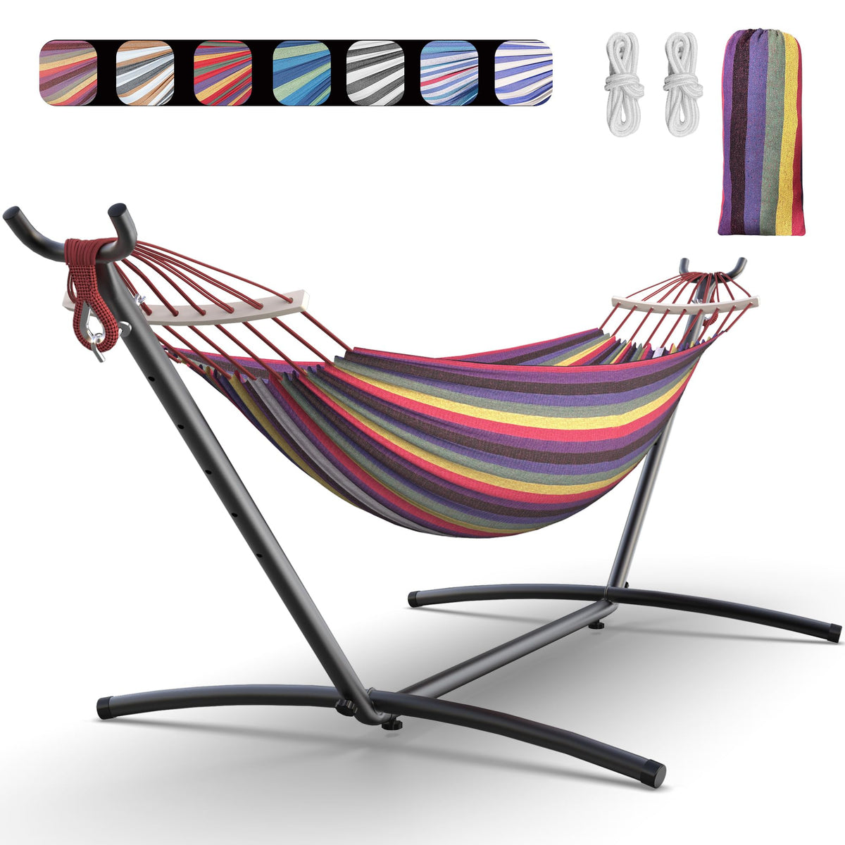 Everyfun double hammock assembly enables quick, tool-free setup for outdoor lounging.