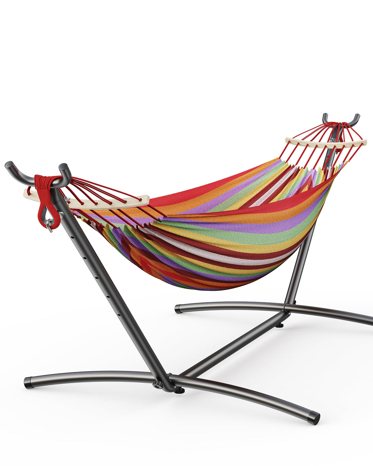 EveryFun double hammock with steel stand ready for outdoor relaxation.