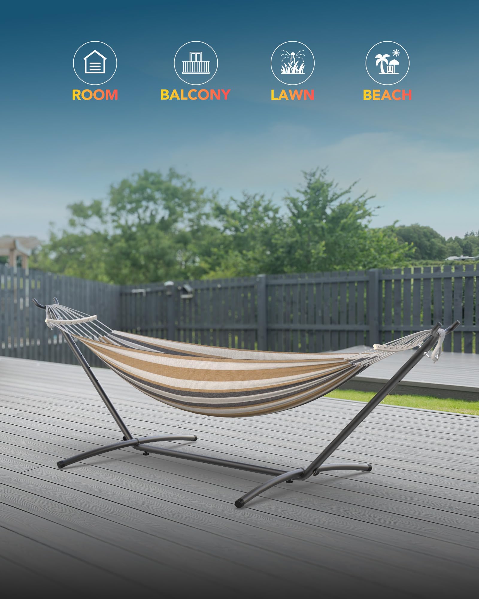 Everyfun two-person hammock relaxing outdoors with a sturdy steel frame.