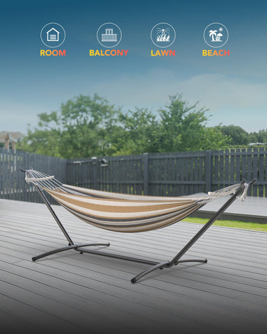 Everyfun two-person hammock relaxing outdoors with a sturdy steel frame.