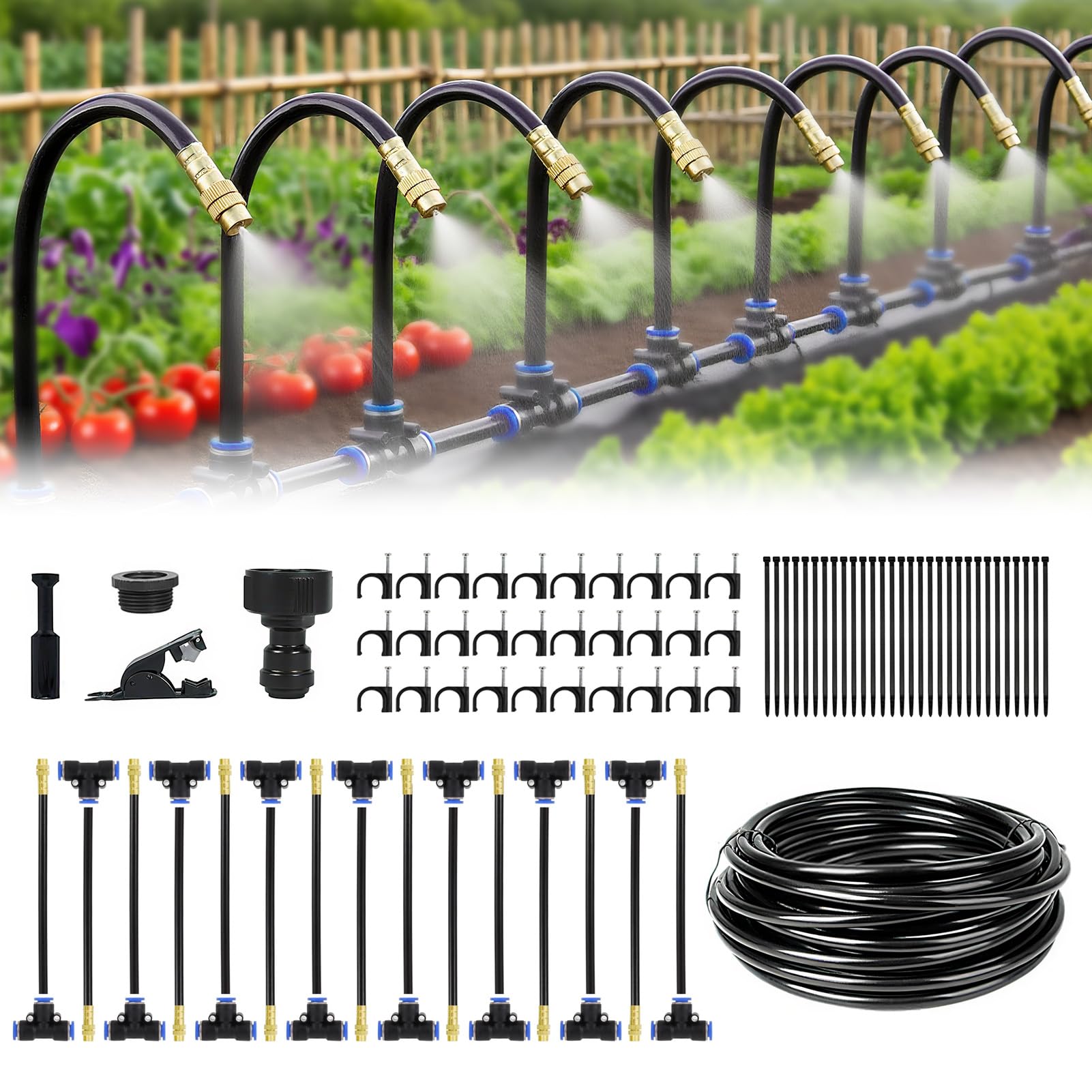 EverZenHub drip irrigation kit 50ft showing tool-free quick-connect setup for easy installation