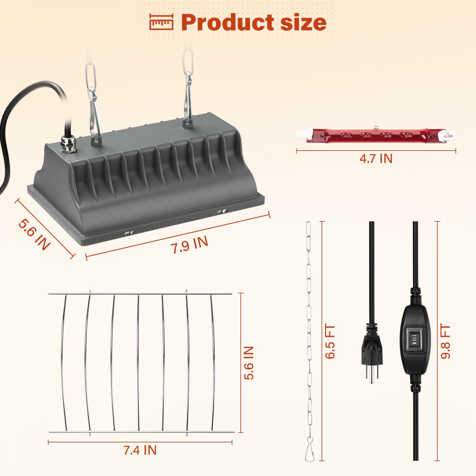 9.8 ft cord and 6.5 ft chain enable flexible mounting.