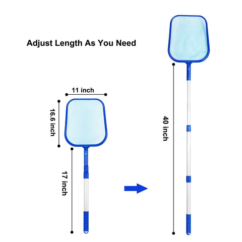 Evob pool skimmer net with adjustable pole helps reach pool edges.
