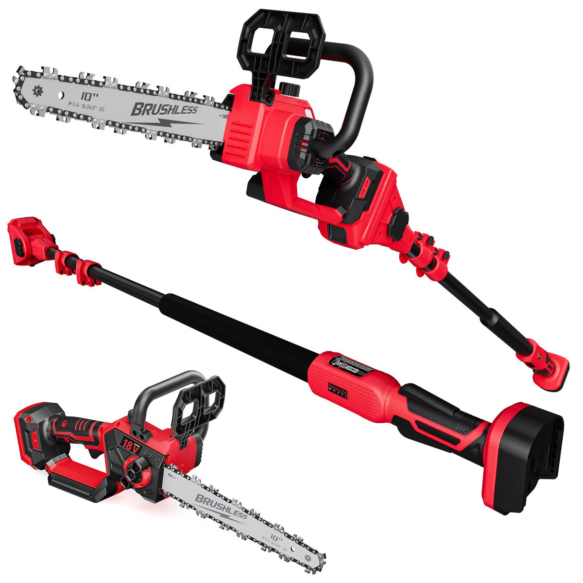 EVOIRON 2-in-1 cordless pole saw with removable 10-inch chainsaw for versatile pruning.
