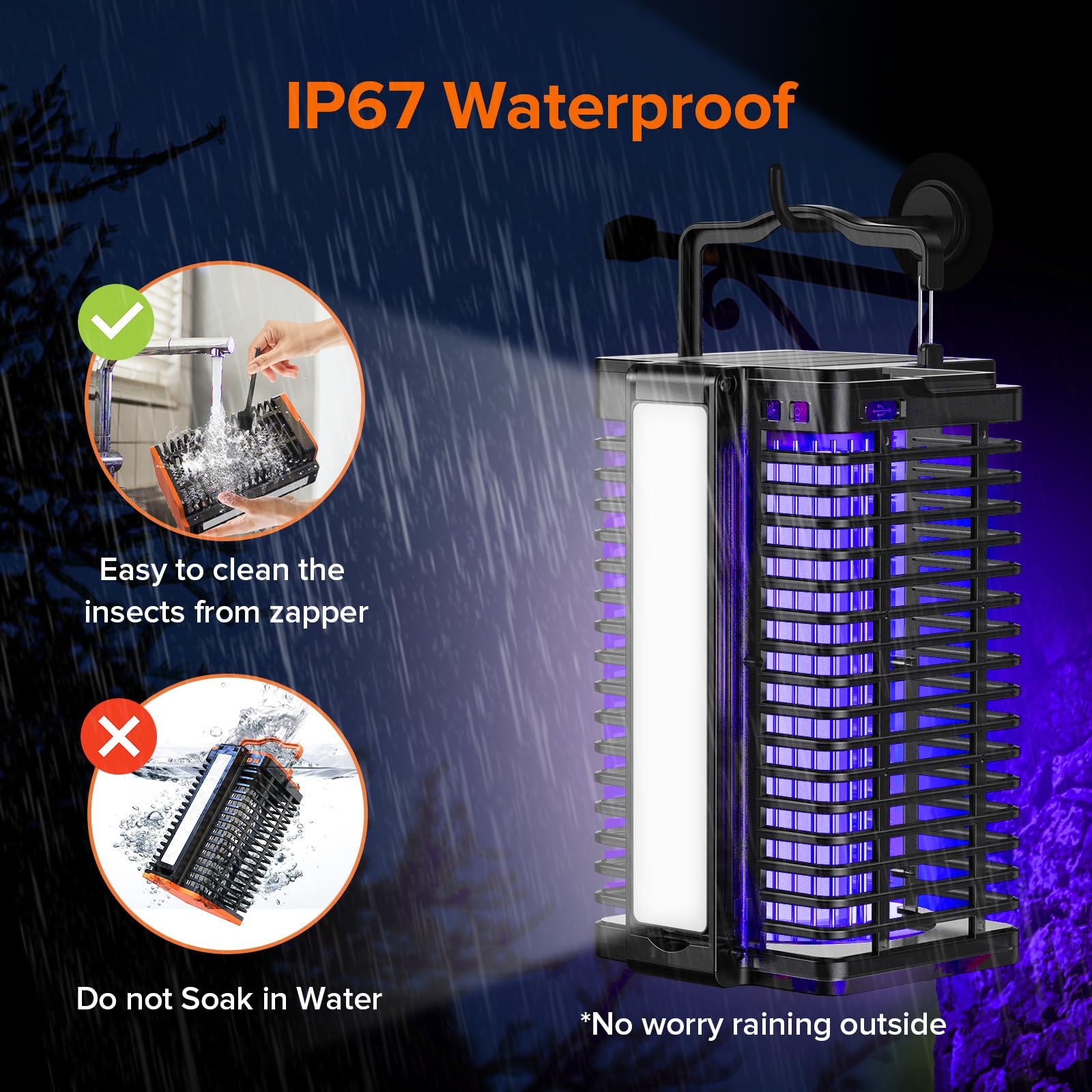 Evolpol bug zapper IP67 waterproof shell for rain ready outdoor use.