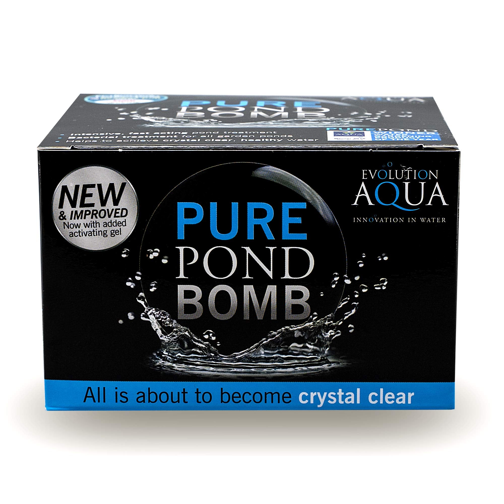 Evolution Aqua Pure Pond Bomb packaging close-up highlighting a ready-to-use supersized treatment