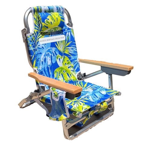 Evolve Heritage kids beach chair with wood arms provides sturdy support for sunny beach days.