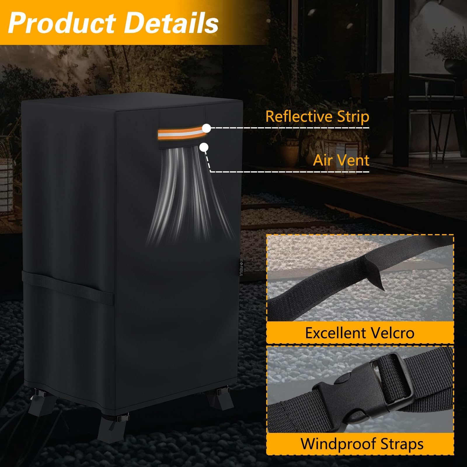 EVRBUL 40-inch smoker cover buckle straps illustrate secure fit in windy conditions