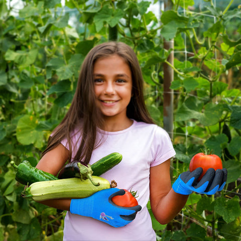 Evridwear Kids Gardening Gloves blue flexible fingers enable safe gardening.