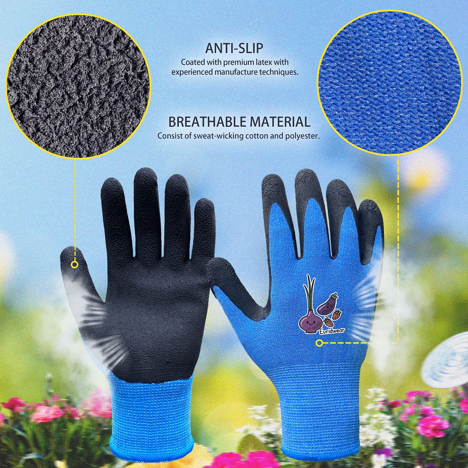 Evridwear kids gardening gloves blue side view shows flexible cuff
