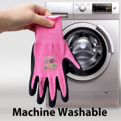 Evridwear pink kids gardening gloves close-up highlights soft fabric and breathability