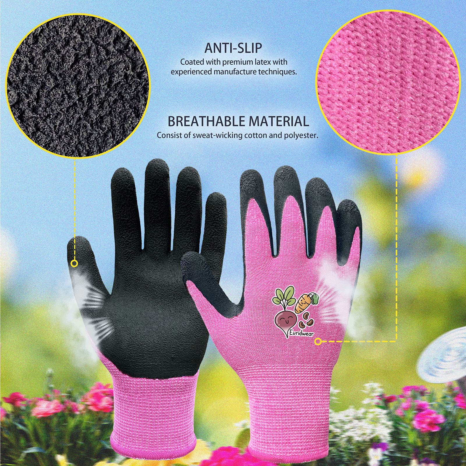 Evridwear kids gardening gloves pink close-up palm showing a non-slip foam grip.