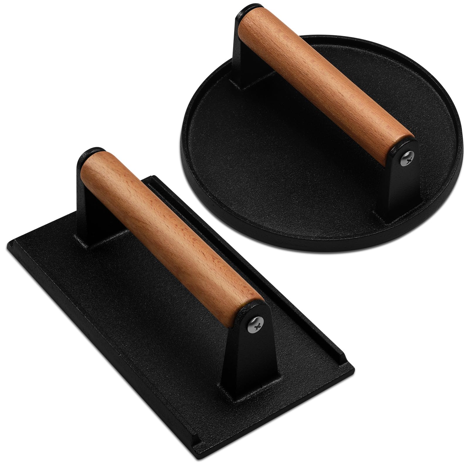 EWFEN cast iron press with wood handle for bacon, promoting crisp edges.