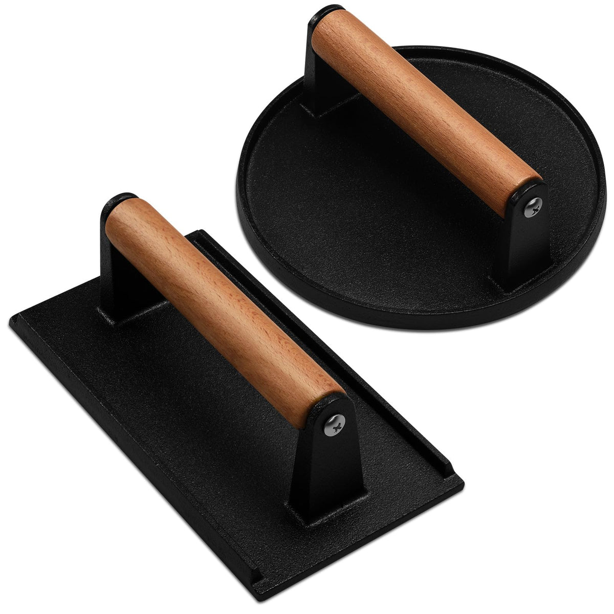 EWFEN cast iron press with wood handle for bacon, promoting crisp edges.