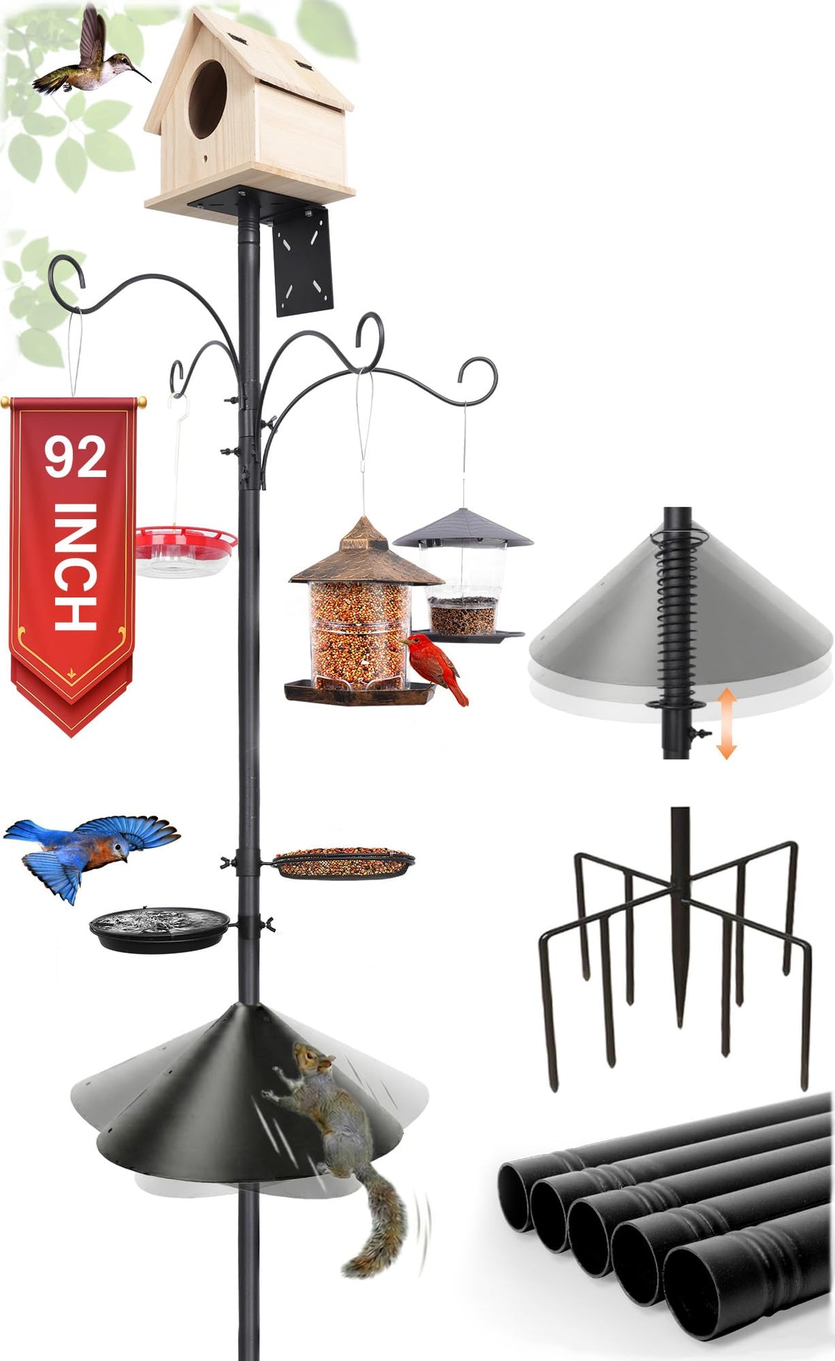 eWonLife 92-inch squirrel-proof feeder pole with 9-prong base for stable outdoor use