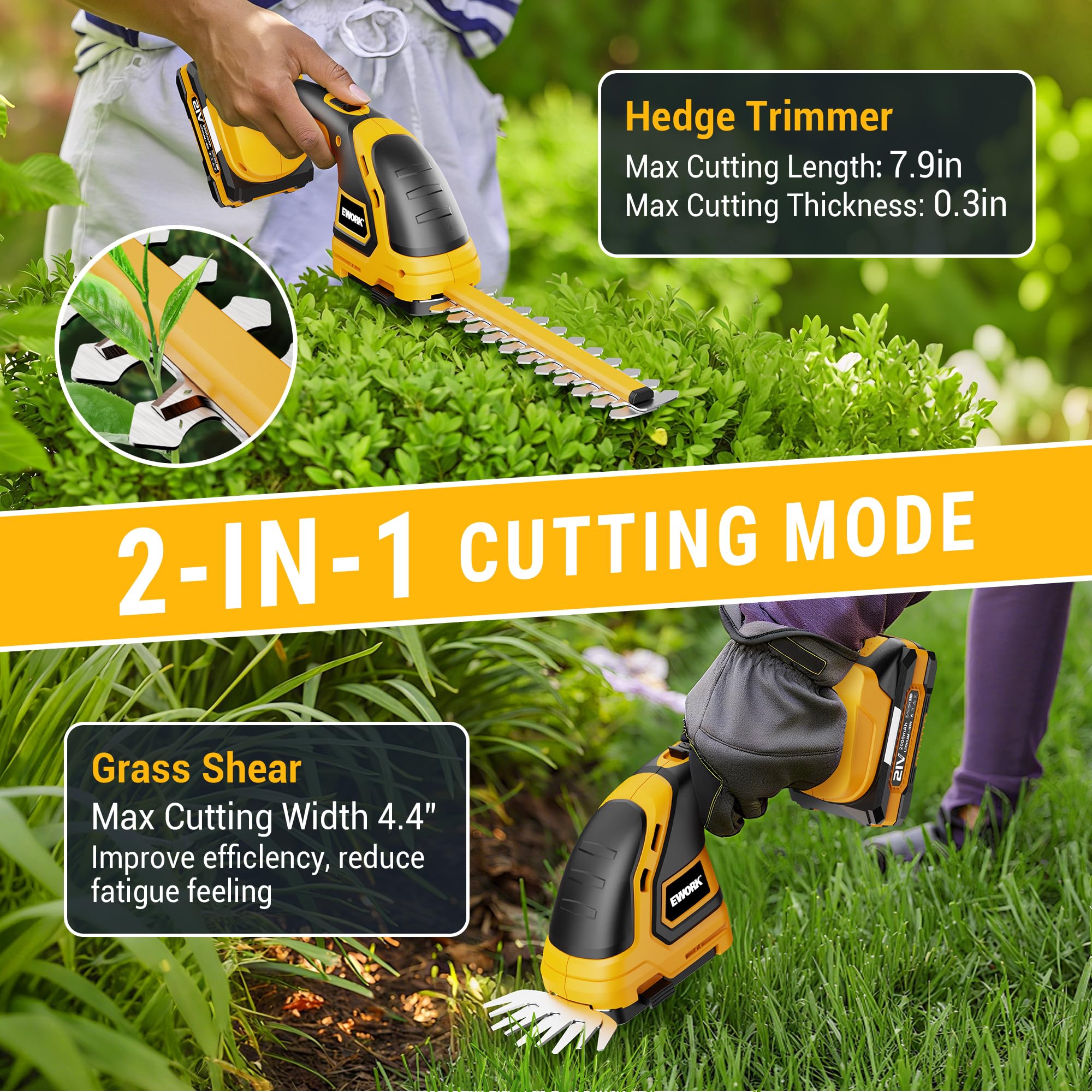 EWORK 2-in-1 tool switching between hedge trimmer and grass shear with ease