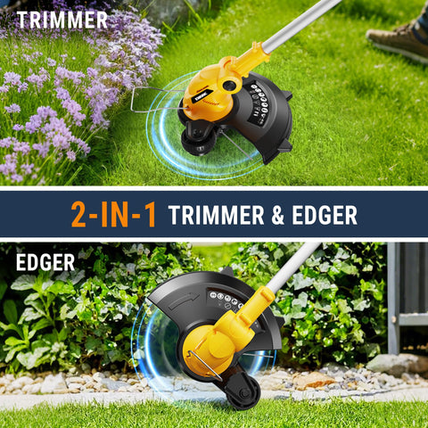 EWORK 20V 12in trimmer adjustable head for flexible cuts.