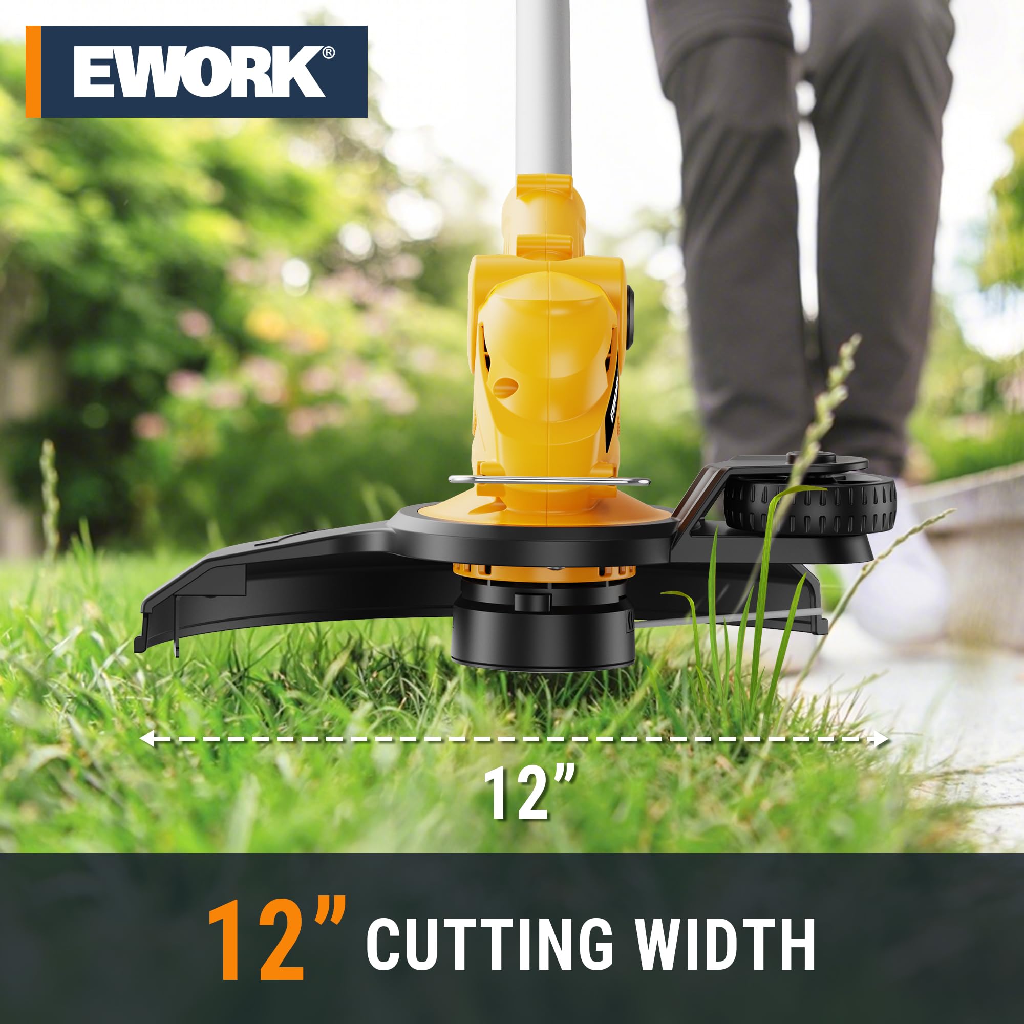 EWORK 20V 12in trimmer auto-feed mechanism in action.