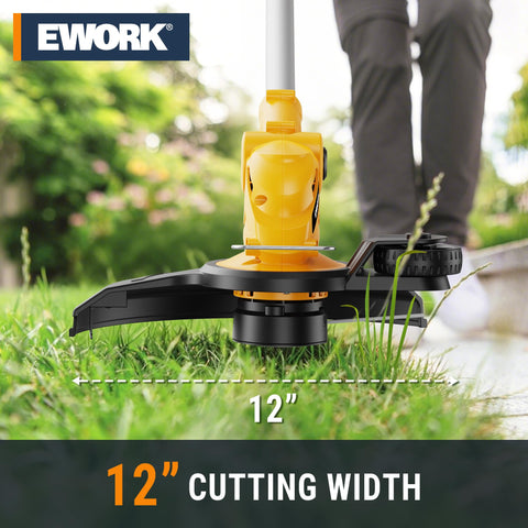 EWORK 20V 12in trimmer auto-feed mechanism in action.