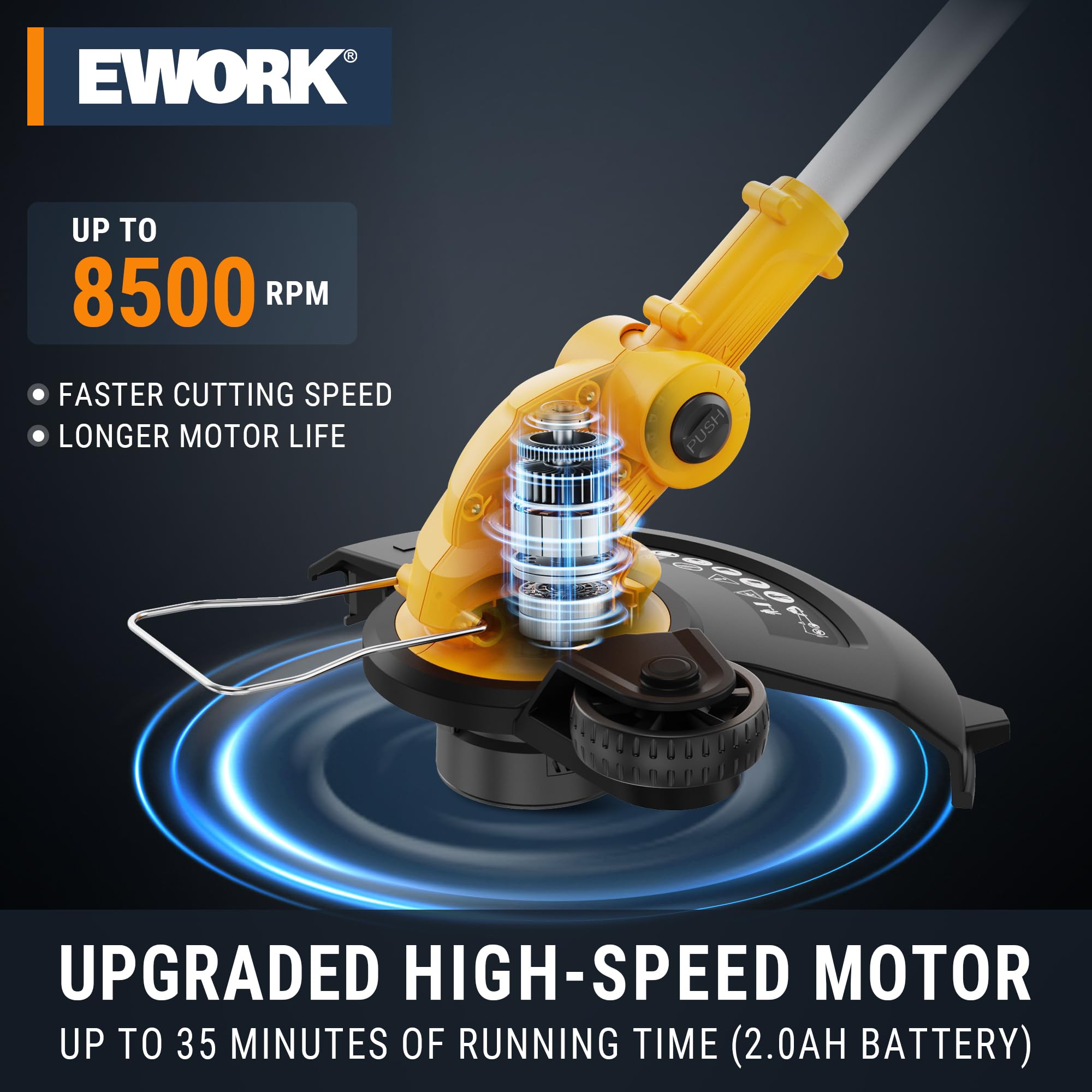 EWORK 20V 12in trimmer battery installation for cordless operation.