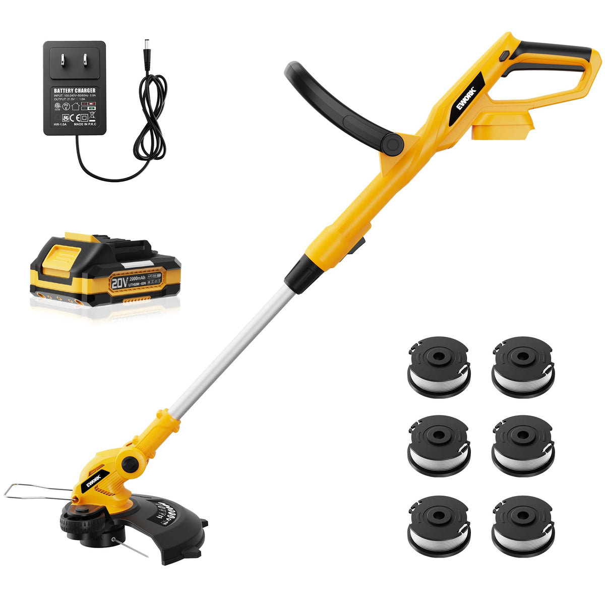 EWORK 20V 12in trimmer front view showing compact trimming power.