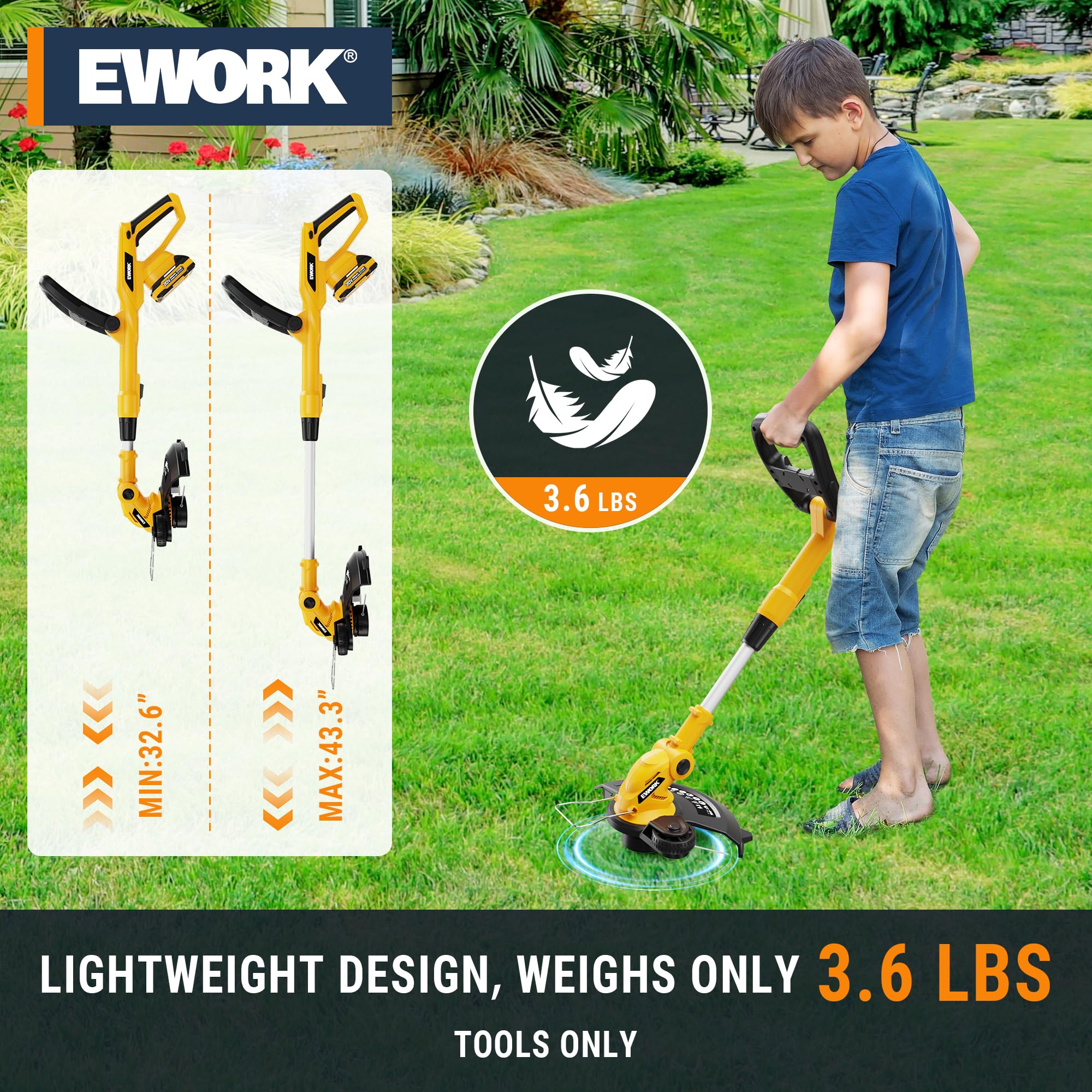 EWORK 20V 12in trimmer with support wheels for straight edges.