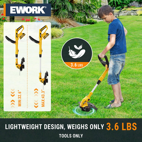 EWORK 20V 12in trimmer with support wheels for straight edges.
