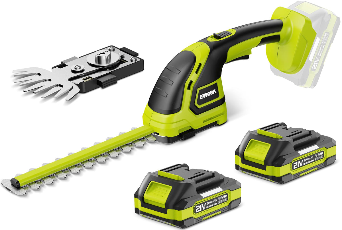 EWORK 21V cordless hedge trimmer for precise garden trimming.