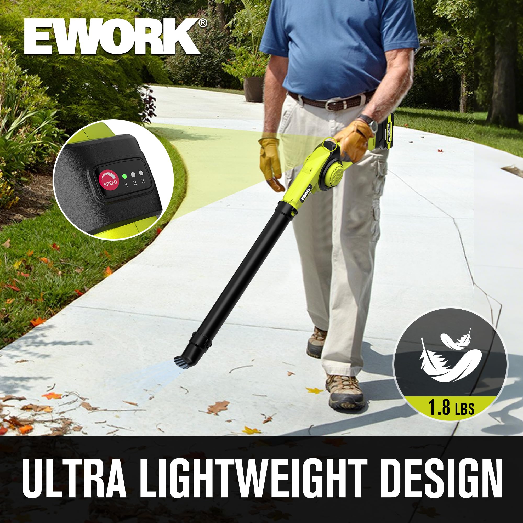 EWORK-3-tubes-extension provides versatile reach for ground and elevated debris.