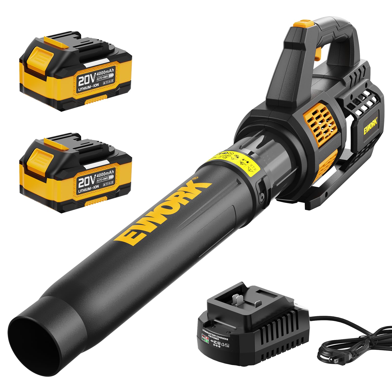 EWORK cordless leaf blower with battery and charger, front view for quick yard setup