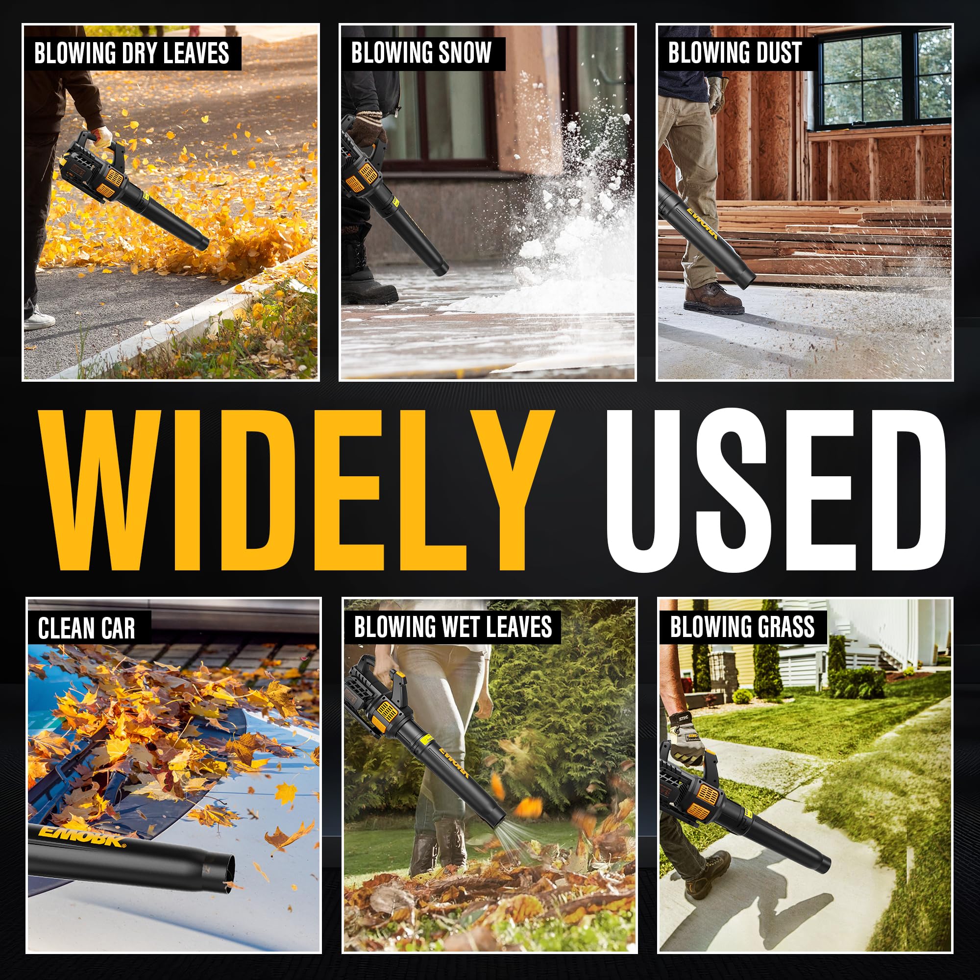 EWORK leaf blower clearing dust and debris from driveway and garage