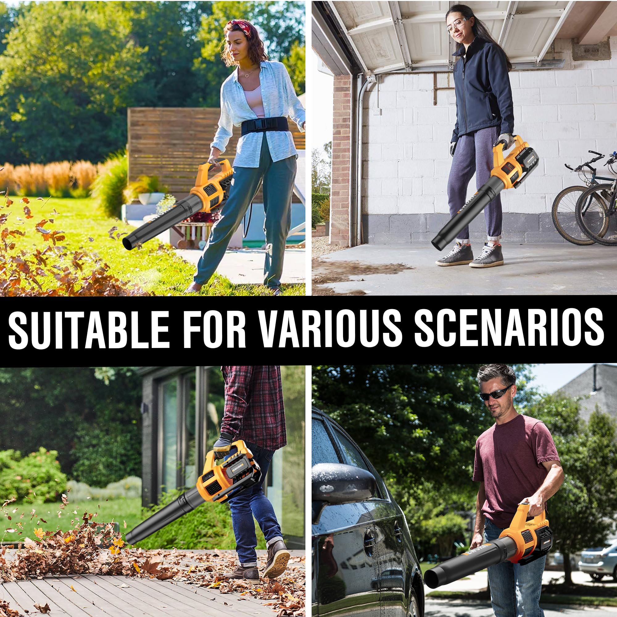 EWORK leaf blower clears leaves and dust from patio edges.