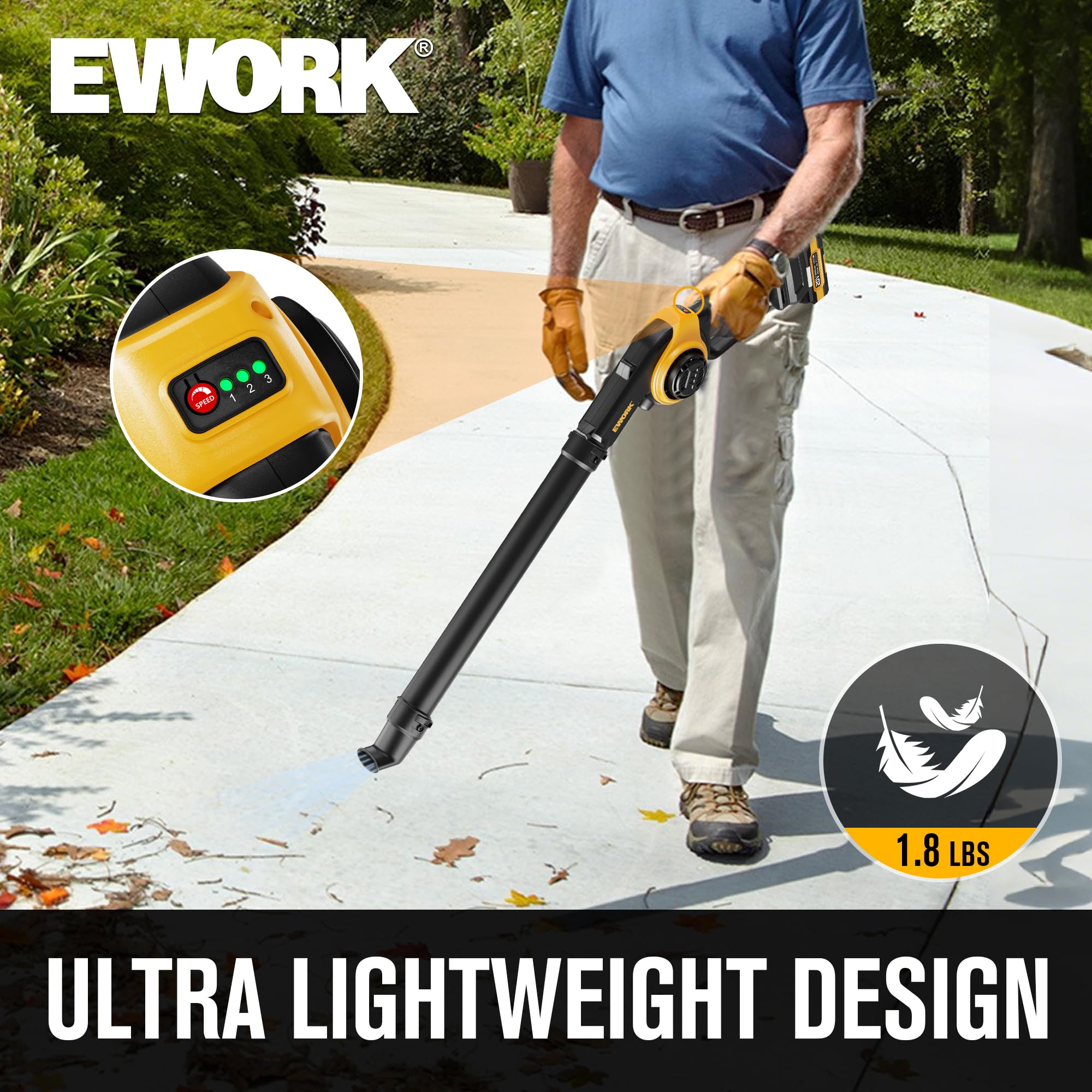 EWORK blower on a worksite ready for porch, path, and garage cleanup.