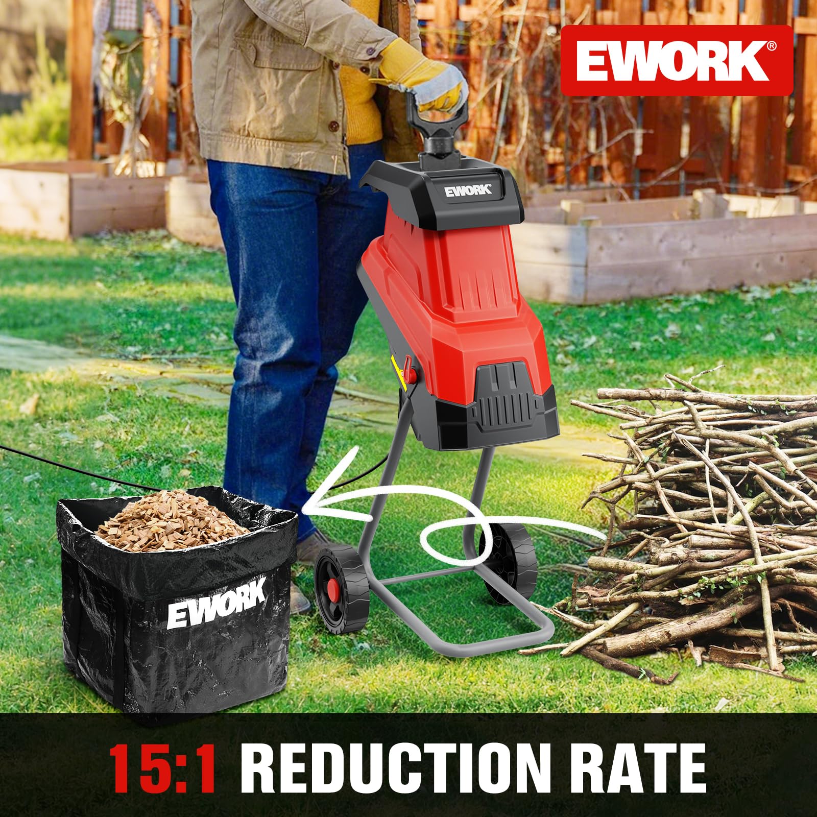 EWORK wood chipper hopper open demonstrating safety interlock