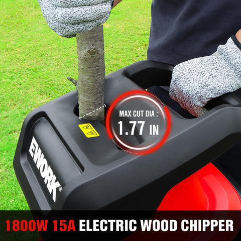 EWORK wood chipper side view in mulching action for efficient reduction