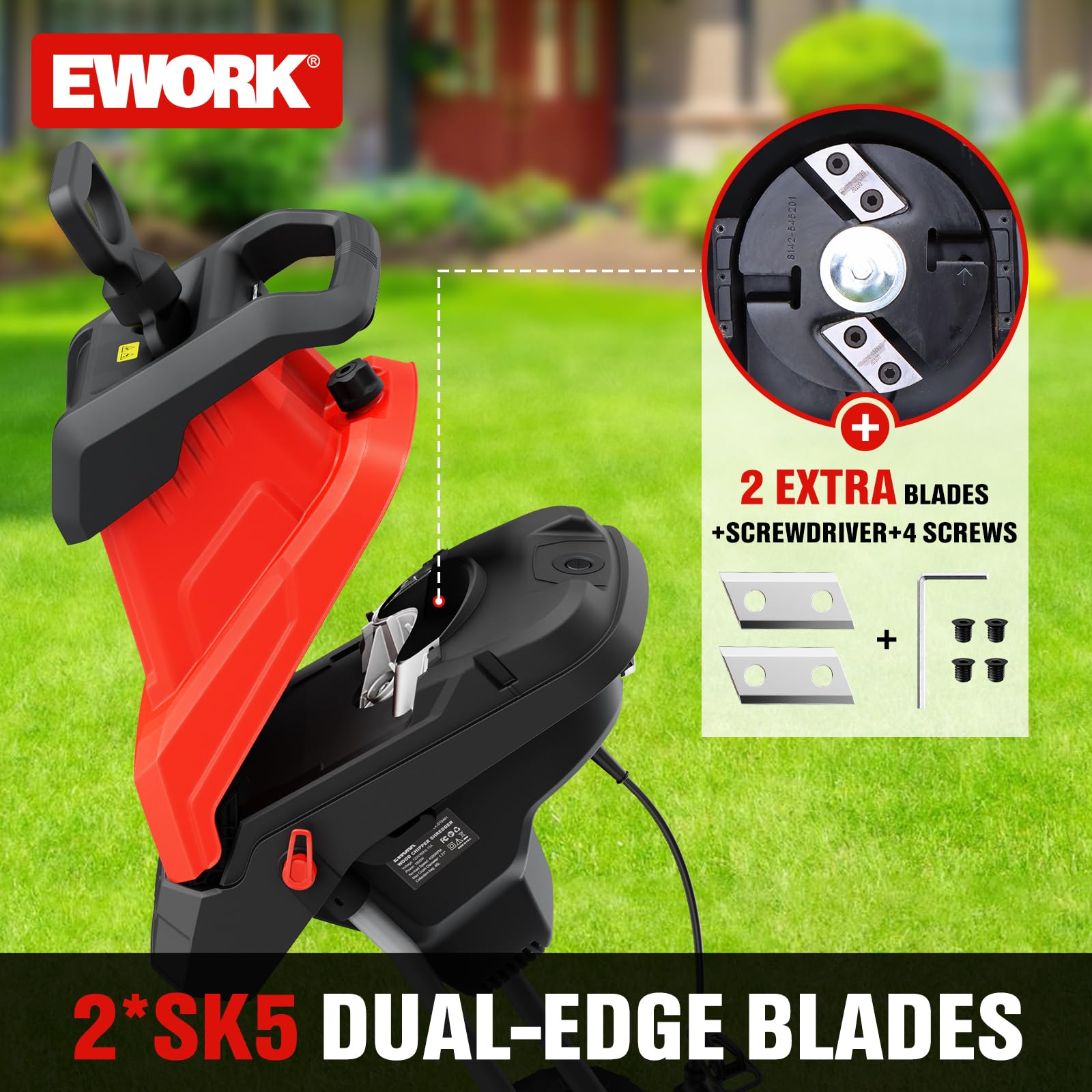 EWORK wood chipper wheels on grass highlighting mobility across lawns