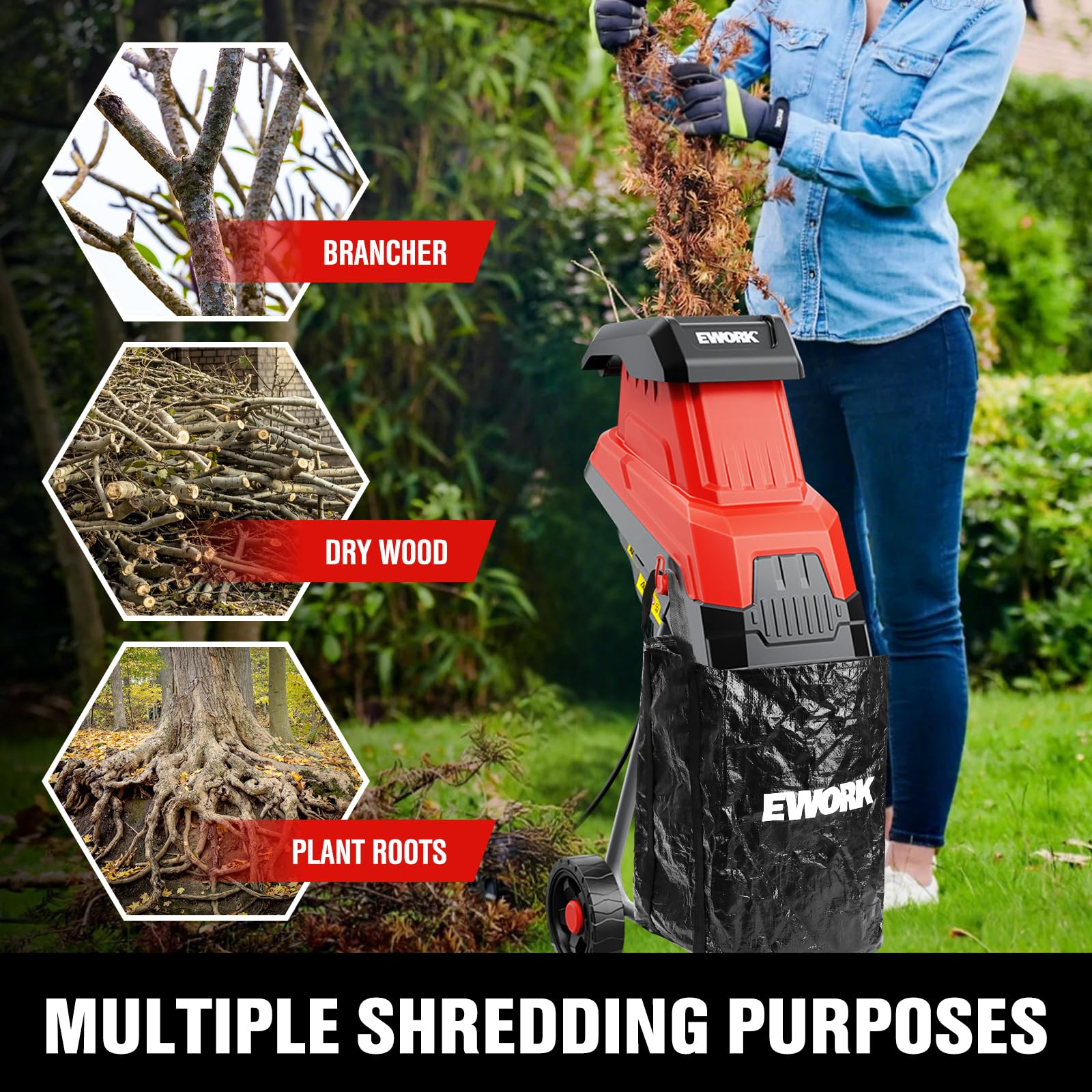 EWORK wood chipper yard cleanup workflow illustrating efficient use
