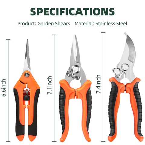 EWPJDK orange-handle pruning shears showcase stainless-steel blades for clean cuts.