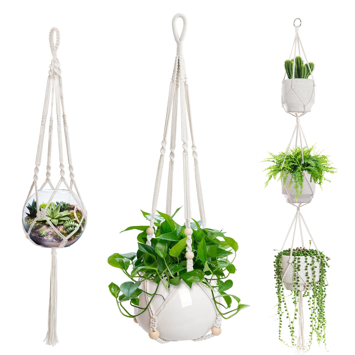 EWPJDK three-pot macrame hanger with ivory white finish for space-saving plant displays