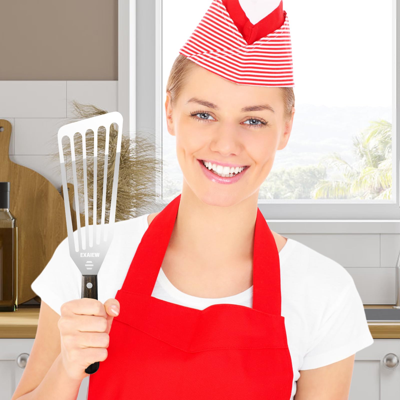 EXAIEW grill-ready spatula in action flipping burgers with ease.