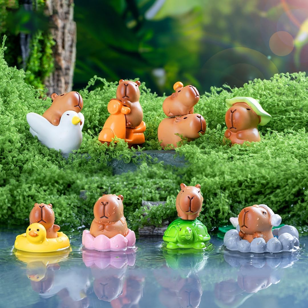 Exasinine tiny crocodiles with capybaras create a lively moss landscape scene.